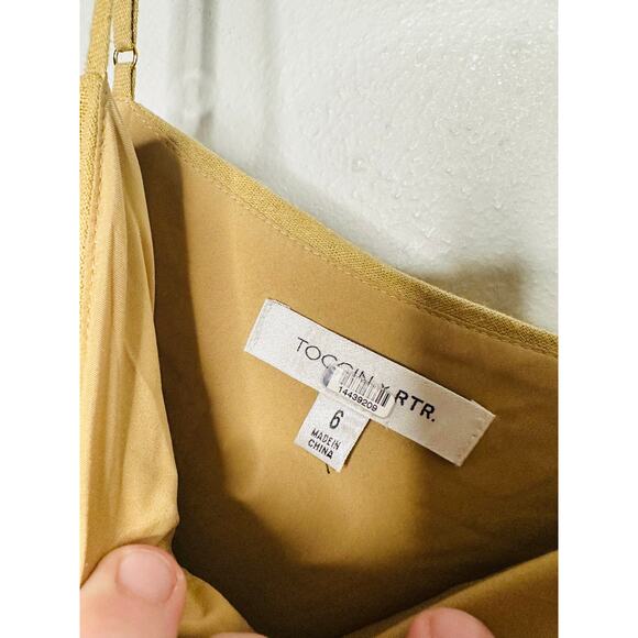 TOCCIN x RTR Brown Khaki Square Neck Ruched Bodice Tie Waist Midi Dress Size 8 - Picture 7 of 11